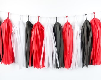 Red Black Tassel Garland Pre-made or DIY Kit - Birthday Party - Baby Shower - Photo Backdrop - Banner - Basketball - Wrestling