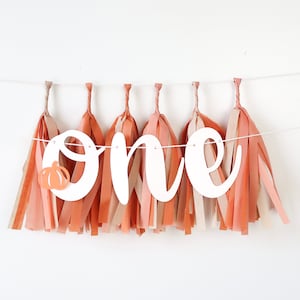 May include: White paper banner with the word "one" in cursive, decorated with orange and brown tissue paper tassels. A small pumpkin cutout is attached to the "o".