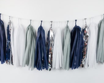 Navy Silver Tassel Garland | Party Decoration | DIY Kit or Pre-Made | Tissue Paper