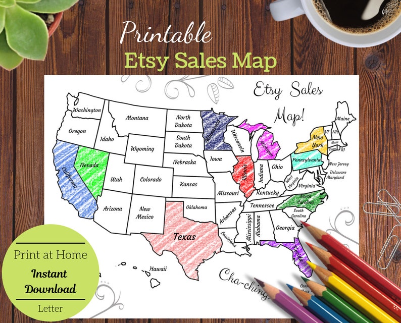 Etsy Color Map Printable Etsy Map, United States Sales Map, US Coloring Map, Etsy Shop ...