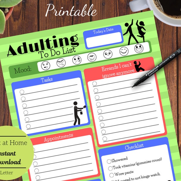 Adulting Checklist, Funny Printable, Humor To Do List, Task Manager, Planner Insert, Chore Chart, Letter Printable