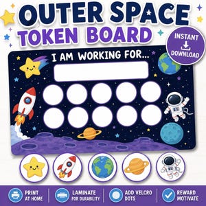 May include: A rectangular outer space token board featuring a dark blue background with stars, a rocket, an astronaut, planets, and a moon surface. It includes a white text box labeled I AM WORKING FOR and ten white circles for tokens.