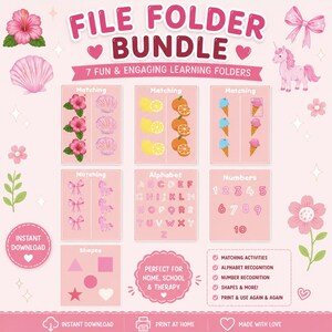 May include: A file folder bundle featuring seven educational learning folders with pink themes. The set includes matching activities with flowers, shells, fruit, ice cream, bows, and unicorns, plus alphabet, number, and shape recognition sheets.