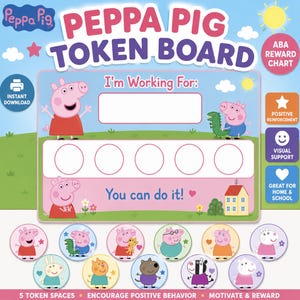 Pode incluir: Um quadro de recompensas da Peppa Pig com fundo azul claro e colinas verdes, um espaço retangular branco com a etiqueta I'm Working For, cinco espaços circulares vazios para fichas e o texto You can do it. Inclui doze fichas circulares.