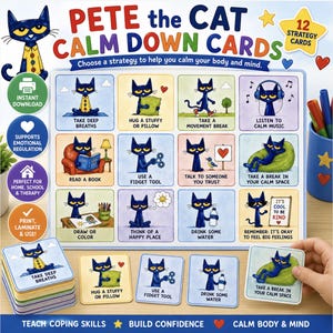 Può includere: Un set di carte calmanti Pete the Cat con 12 carte strategia illustrate. La visualizzazione principale mostra una griglia di 12 quadrati con Pete the Cat che dimostra abilità di coping come respiri profondi, leggere e bere acqua, con etichette.