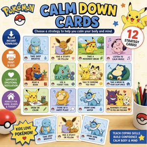 Puede incluir: Un conjunto de tarjetas de calma Pokemon con 12 tarjetas de estrategia que incluyen ilustraciones de personajes como Pikachu, Squirtle y Eevee. Las tarjetas ofrecen técnicas de afrontamiento como respirar, leer y beber agua.