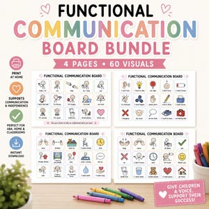 May include: A functional communication board bundle featuring four pages with sixty visual icons. Each board contains grid-based illustrations of stick figures and symbols with text labels. The title reads Functional Communication Board Bundle.