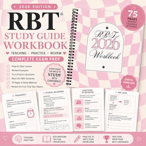 May include: A 2026 RBT study guide workbook with a pink and white checkered cover, spiral binding, and 75 pages of content. The cover features text including RBT Study Guide Workbook, Complete Exam Prep, and various educational study sheets.