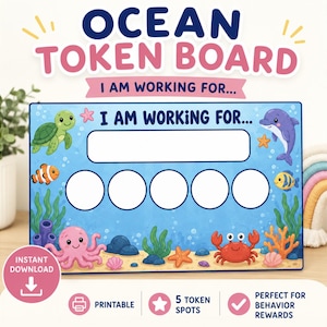 以下が含まれることがあります： OCEAN TOKEN BOARDおよびI AM WORKING FORというテキストが書かれた海をテーマにしたトークンボード。長方形のボードには、緑色のカメ、オレンジ色のクマノミ、ピンク色のタコ、紫色のイルカ、黄色の魚が描かれた青い海中の風景と、5つの白い円が表示されています。