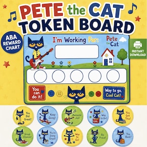 Pode incluir: Um quadro de recompensas ABA Pete the Cat com fundo amarelo e texto azul. O quadro inclui um espaço para I'm Working For, cinco espaços circulares para fichas e dez fichas redondas com várias ilustrações de Pete the Cat.