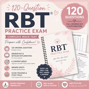 May include: A spiral-bound RBT Practice Exam study guide with a pink and white floral design. The cover features the text 120-Question RBT Practice Exam, Complete Mock Test, and Prepare with Confidence. Includes answer sheets and explanations.