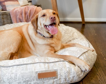 Round Bed in Country Chase // Designer Dog Bed for Small to X-Large Dogs // Modern Toile Pet Bed // Durable Sunbrella Fabric