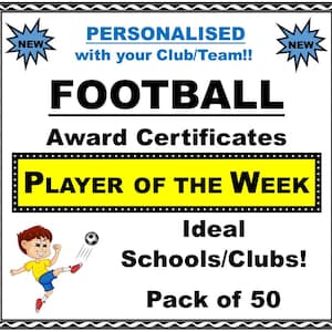 Neue personalisierte FUSSBALLPREIS-URKUNDE 'Player of the Week' 50 x A5 auffällige Qualitätskarte - Ideal für Clubs/Schulen usw.