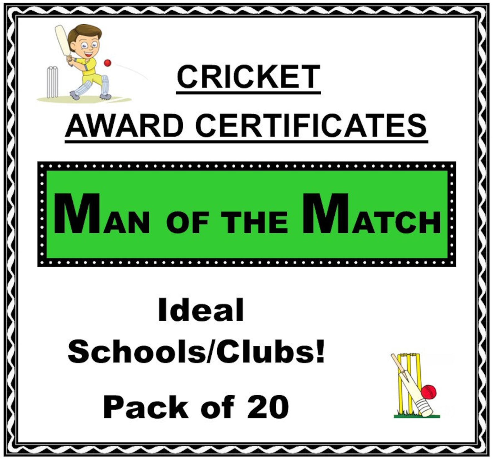 CRICKET AWARD CERTIFICATES 'Man of the Match' 20 x A5 Etsy