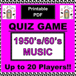 Instant Download Printable PDF - 1950&#39;s/60&#39;s MUSIC Trivia Quiz Game - Table Fun - Players Sheets - 3 Tiebreakers - Winners Certificate