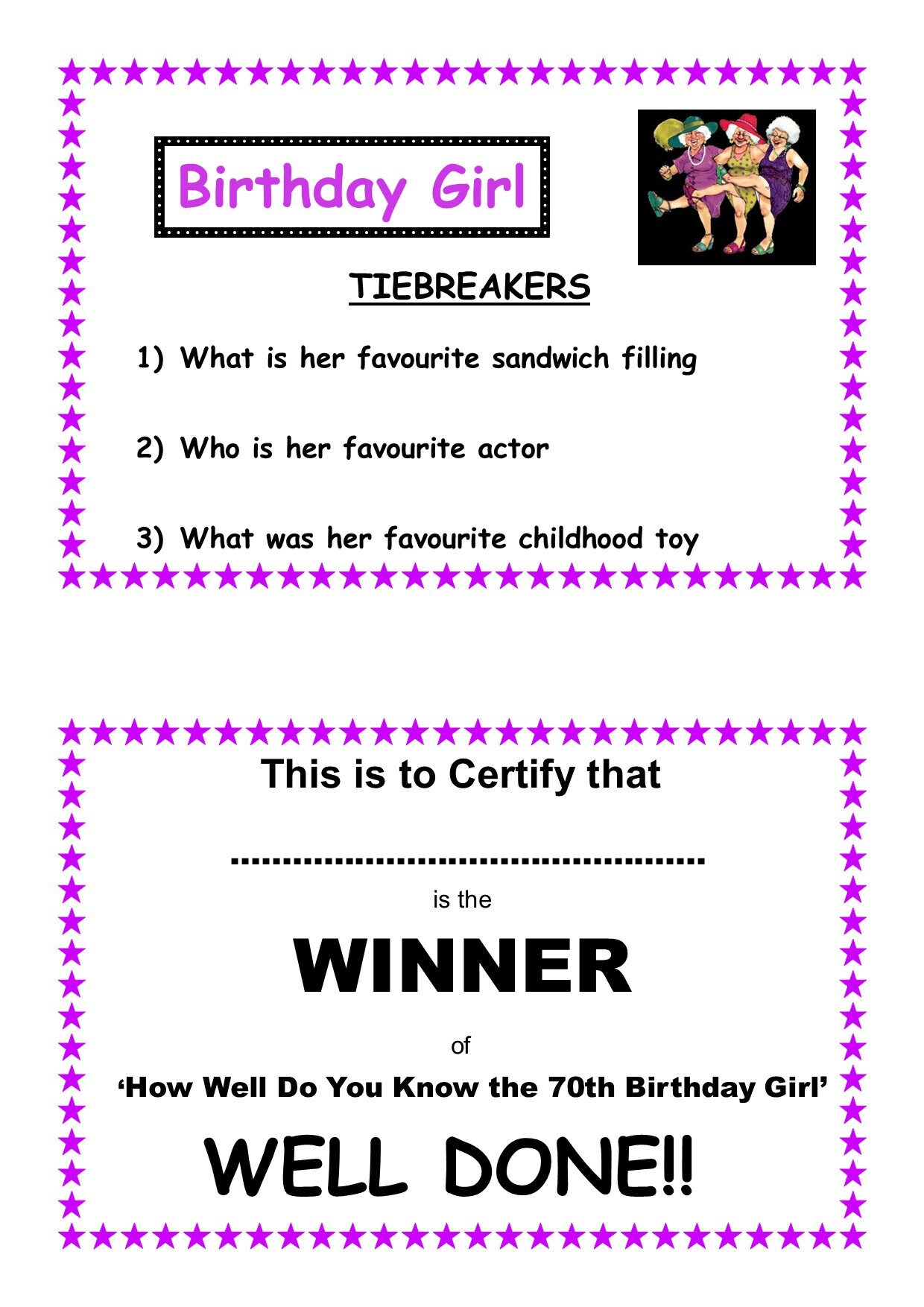 ‘How Well Do You Know 70th Birthday Girl’ 20 Sheets Tiebreakers Fun Party Game 