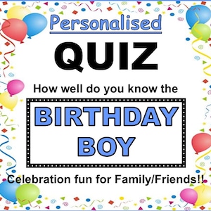 BIRTHDAY BOY Divertido juego de preguntas personalizado (¿Qué tan bien lo conoces?) 20 hojas A5 - 20 preguntas - 3 desempates - Certificado de ganadores GRATIS