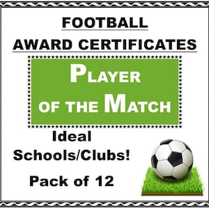 FOOTBALL AWARD CERTIFICATES 'Player of the Match' 12 x A5 Auffällige, hochwertige Karte mit Laserdruck, ideal für Vereine/Schulen usw.