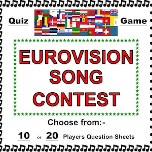 New!! &#39;EUROVISION SONG CONTEST&#39; Trivia Quiz Game - 10 or 20 Players Question Sheets - Ideal for Family/Friends Eurovision Party Night!!