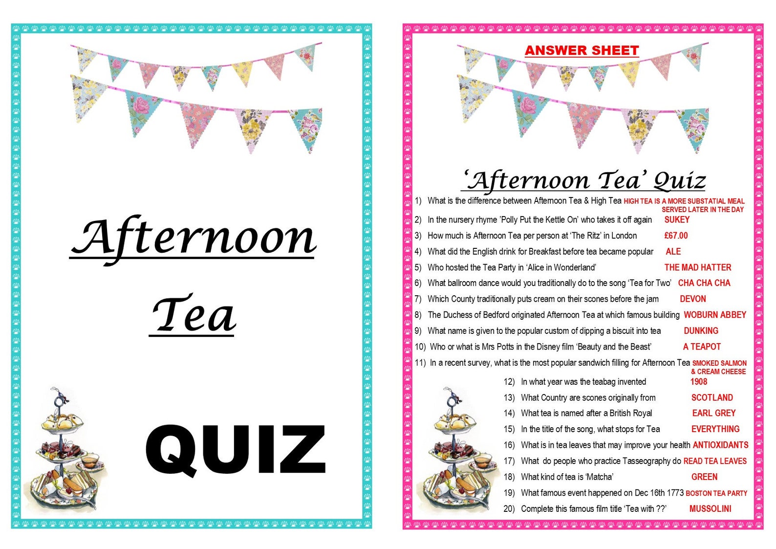 Printable PDF AFTERNOON TEA Themed Quiz Trivia Game A5 Players Etsy