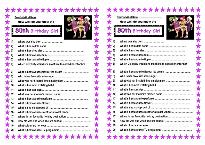 Printable 80th BIRTHDAY GIRL Family Quiz Game Players Sheets Etsy