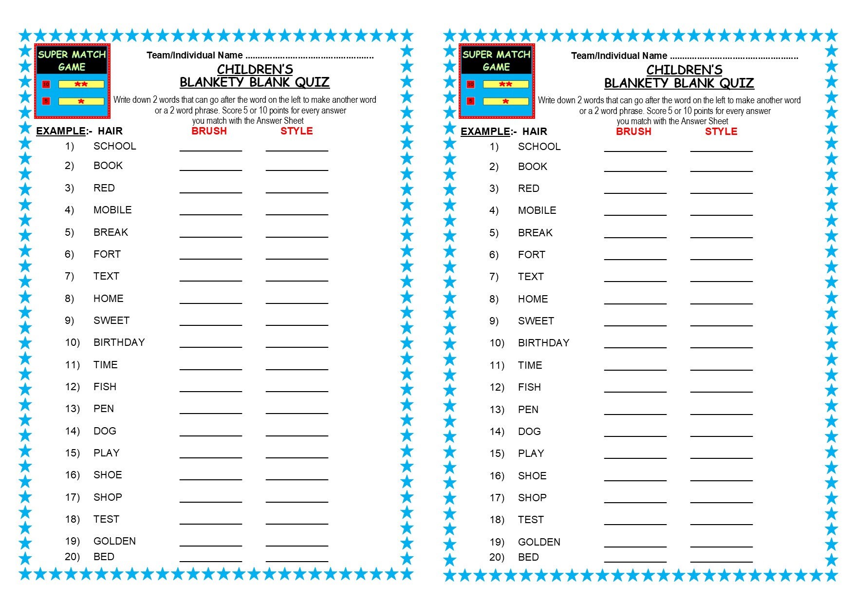 Printable PDF Files Children's Blankety Blank 'SUPER MATCH' Game Great ...