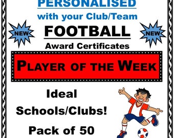 New Personalised FOOTBALL AWARD CERTIFICATES 'Player of the Week' 50 x A5 Eye Catching Quality Card - Ideal for Clubs/Schools etc.