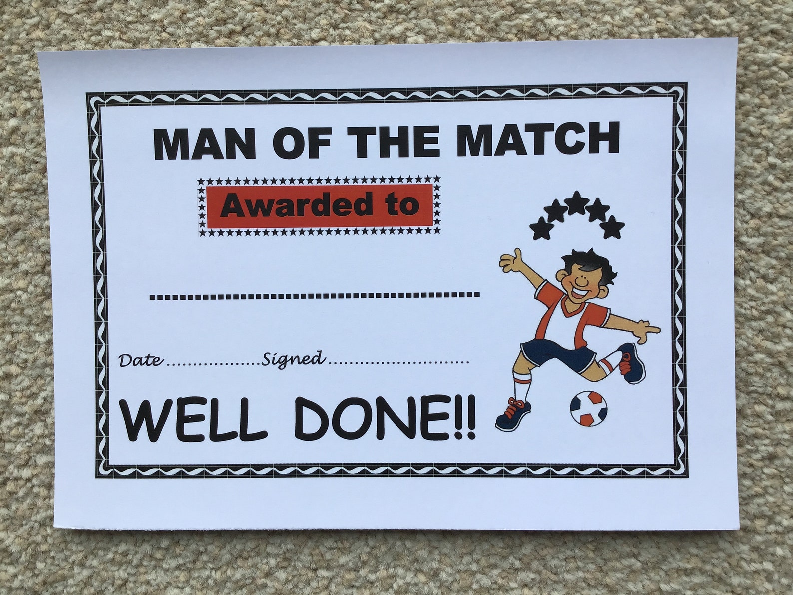 FOOTBALL AWARD CERTIFICATES 'man of the Match' 50 X A5 Etsy