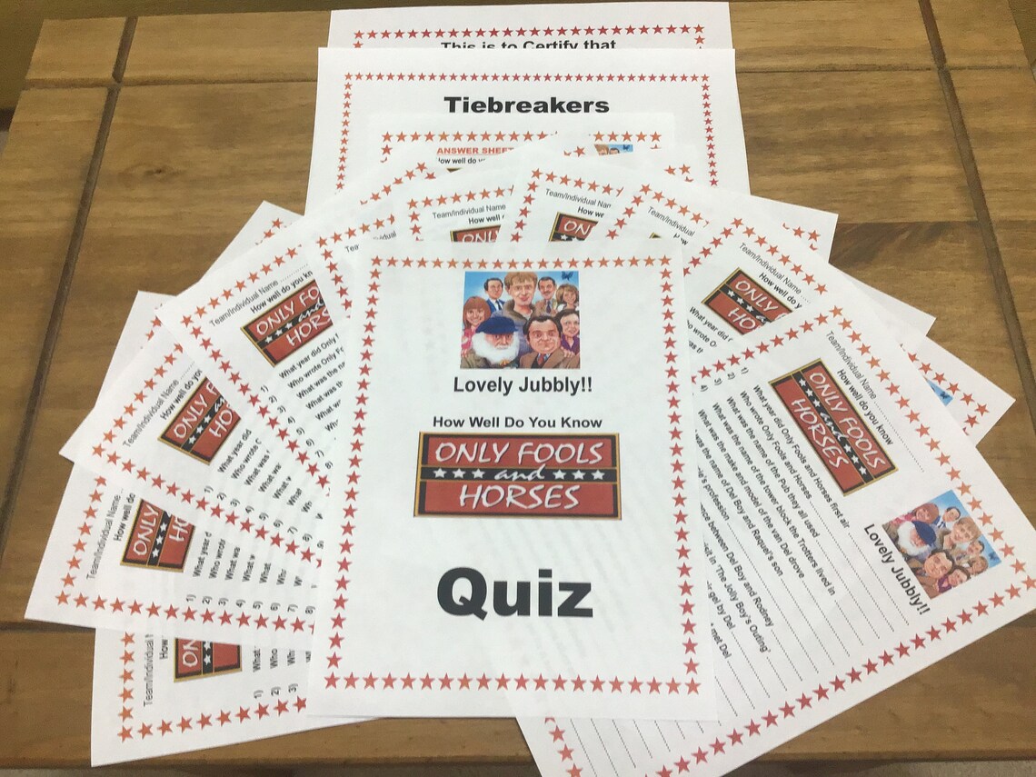 PRINTABLE PDF Only Fools and Horses Quiz Game A5 Players Sheets 3 X Tiebreakers A5 Winners