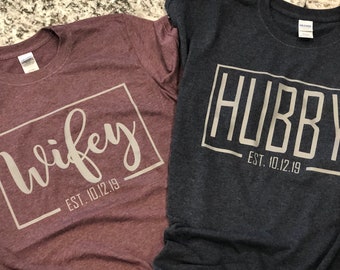 Hubby and Wifey Shirt Set: Personalized Wedding Date Couples Tees