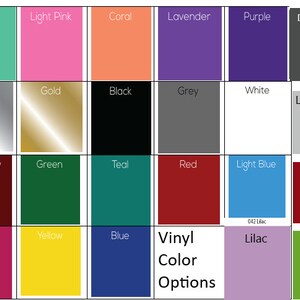 May include: A grid of vinyl color options, each square displaying a different hue. Colors include mint, light pink, coral, lavender, purple, dark grey, silver, gold, black, grey, white, light grey, burgundy, green, teal, red, light blue, dark red, pink, yellow, blue, lilac, and lime green.