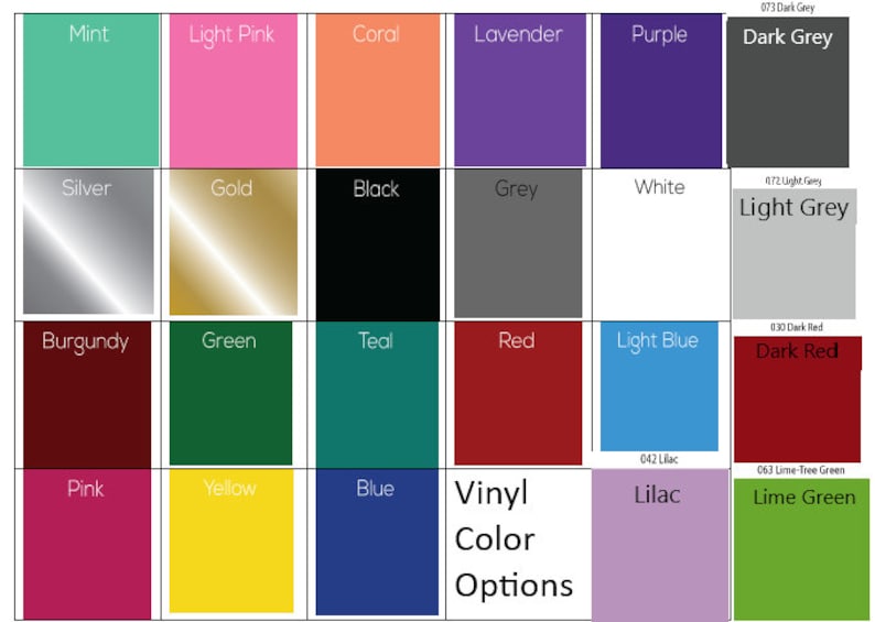 May include: A grid of vinyl color options, each square displaying a different hue. Colors include mint, light pink, coral, lavender, purple, dark grey, silver, gold, black, grey, white, light grey, burgundy, green, teal, red, light blue, dark red, pink, yellow, blue, lilac, and lime green.