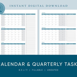 Quarterly Calendar, Quarterly Calendar Printable, Blue Calendar, Calendar and Task List, Calendar and To Do List