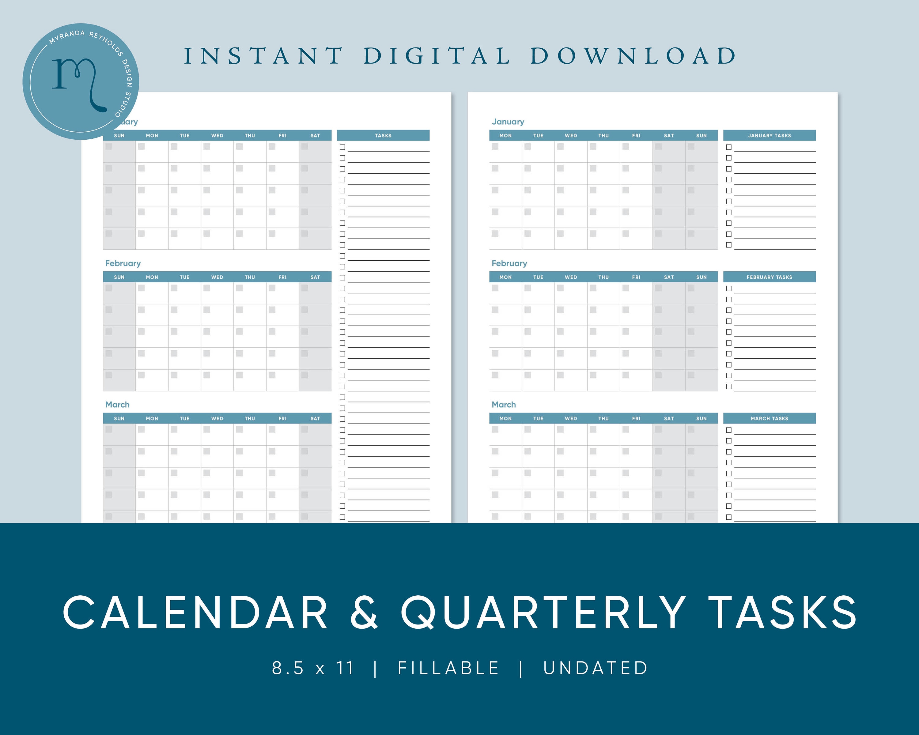Quarterly Calendar, Quarterly Calendar Printable, Blue