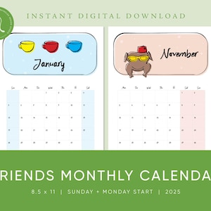 2025 druckbare 8,5 x 11 Freunde Monatskalender, Freunde TV-Show-Kalender, sofortiger digitaler Download