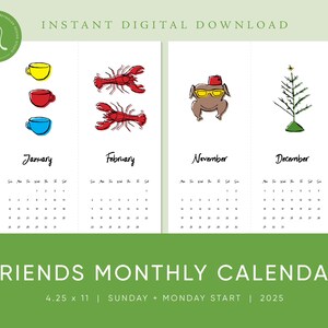 2025 druckbarer Friends Monatskalender, Friends TV-Show-Kalender, druckbarer Kalender 4,25 x 11, sofortiger digitaler Download