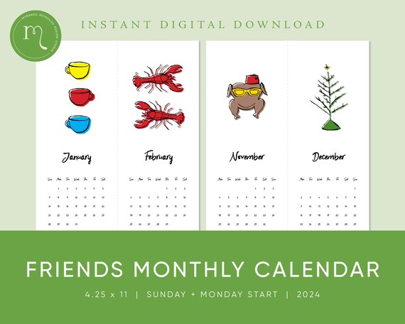 2024 Printable Friends Monthly Calendar, Friends TV Show Calendar, 4.25 X  11 Printable Calendar, Instant Digital Download - Etsy