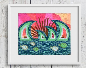 Waves & Fish: Fine Art Giclee Print of Original Mixed Media Artwork