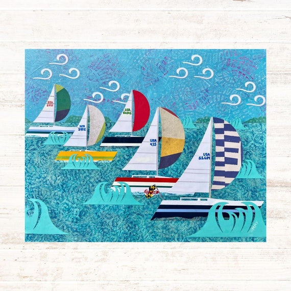 Racing Away Along the Bay: Fine Art Giclee Print of Original Mixed Media Artwork