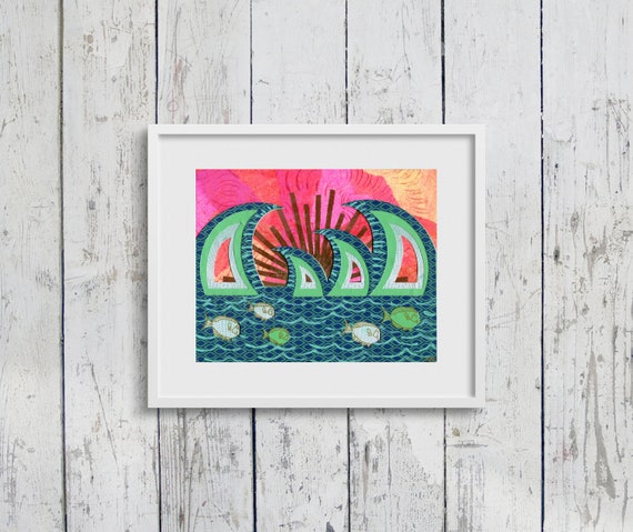 Waves & Fish: Fine Art Giclee Print of Original Mixed Media Artwork