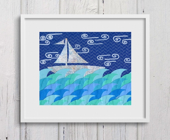 Sailboat & Waves: Fine Art Giclee Print of Original Mixed Media Artwork