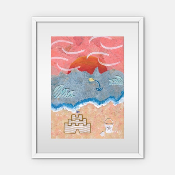 Sandcastle & Waves: Fine Art Giclee Print of Original Mixed Media Artwork