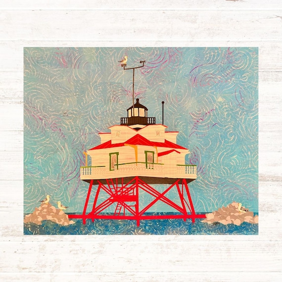 Thomas Point Shoal Lighthouse: Fine Art Giclee Print of Original Mixed Media Artwork