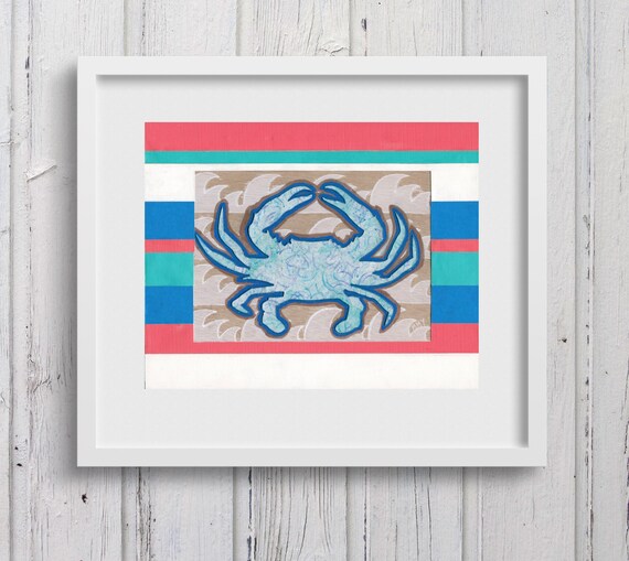 Blue Crab & Waves: Fine Art Giclee Print of Original Mixed Media Artwork