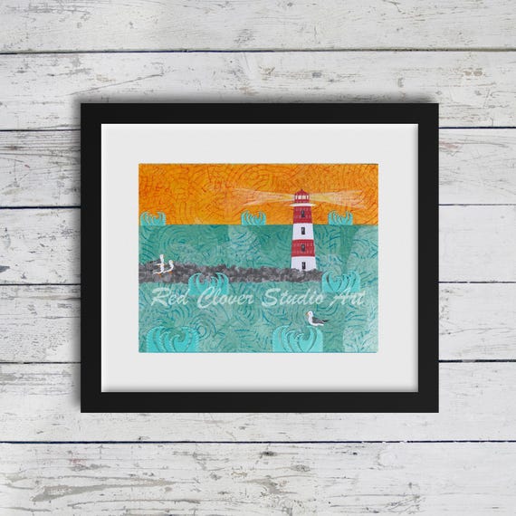 Sunset Lighthouse: Fine Art Giclee Print of Original Mixed Media Artwork