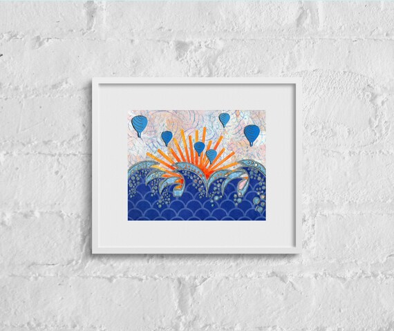 Waves & Hot Air Balloons: Fine Art Giclee Print of Original Mixed Media Artwork