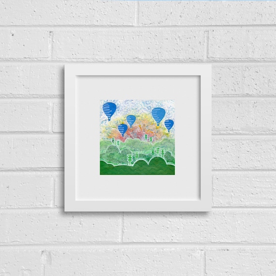 Hot Air Balloons &  Mountains: Fine Art Giclee Print of Original Mixed Media Artwork