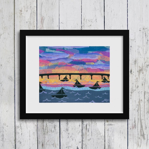 Sunset Bridge: Fine Art Giclee Print of Original Mixed Media Artwork