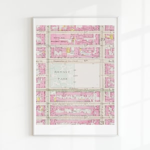 Impressão digital do mapa cor-de-rosa de Bryant Park de <br> Crie Seu Próprio Produto! Impressão da cidade de Nova Iorque de <br> Entrega Rápida? Impressão em Nova York | Download digital | Impressão Rosa | Tamanho Carta dos EUA
