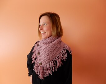 Crocheted Malia Buttoned Cowl in Rose Heather